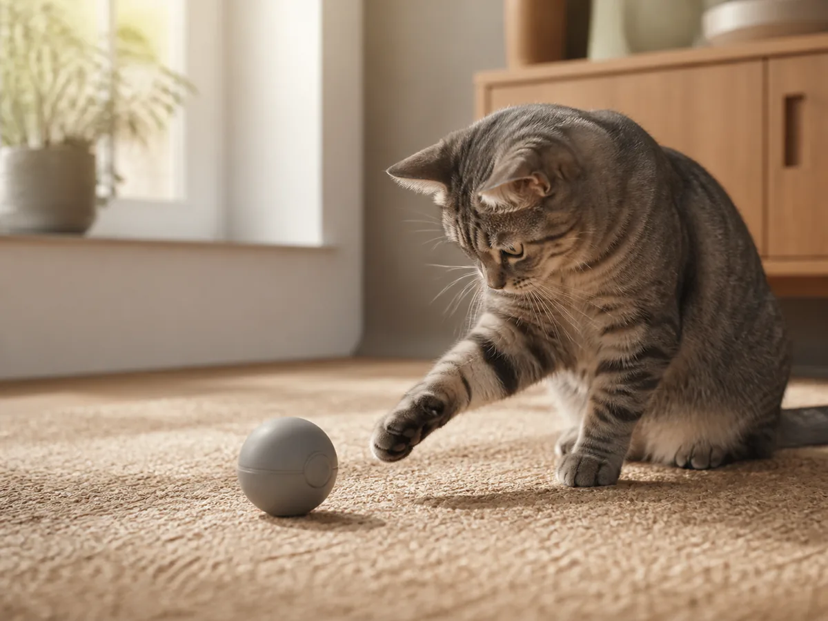 Gray tabby cat reaching toward a generic automatic ball on a thick rug