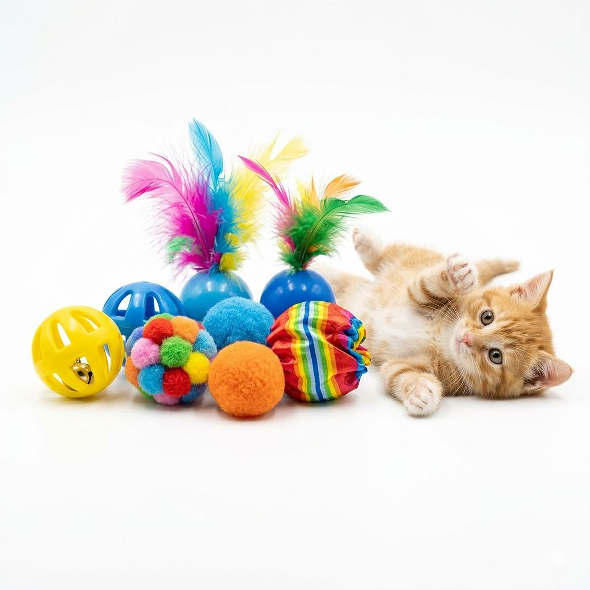 Commercial photo of colorful cat toy bundle with kitten