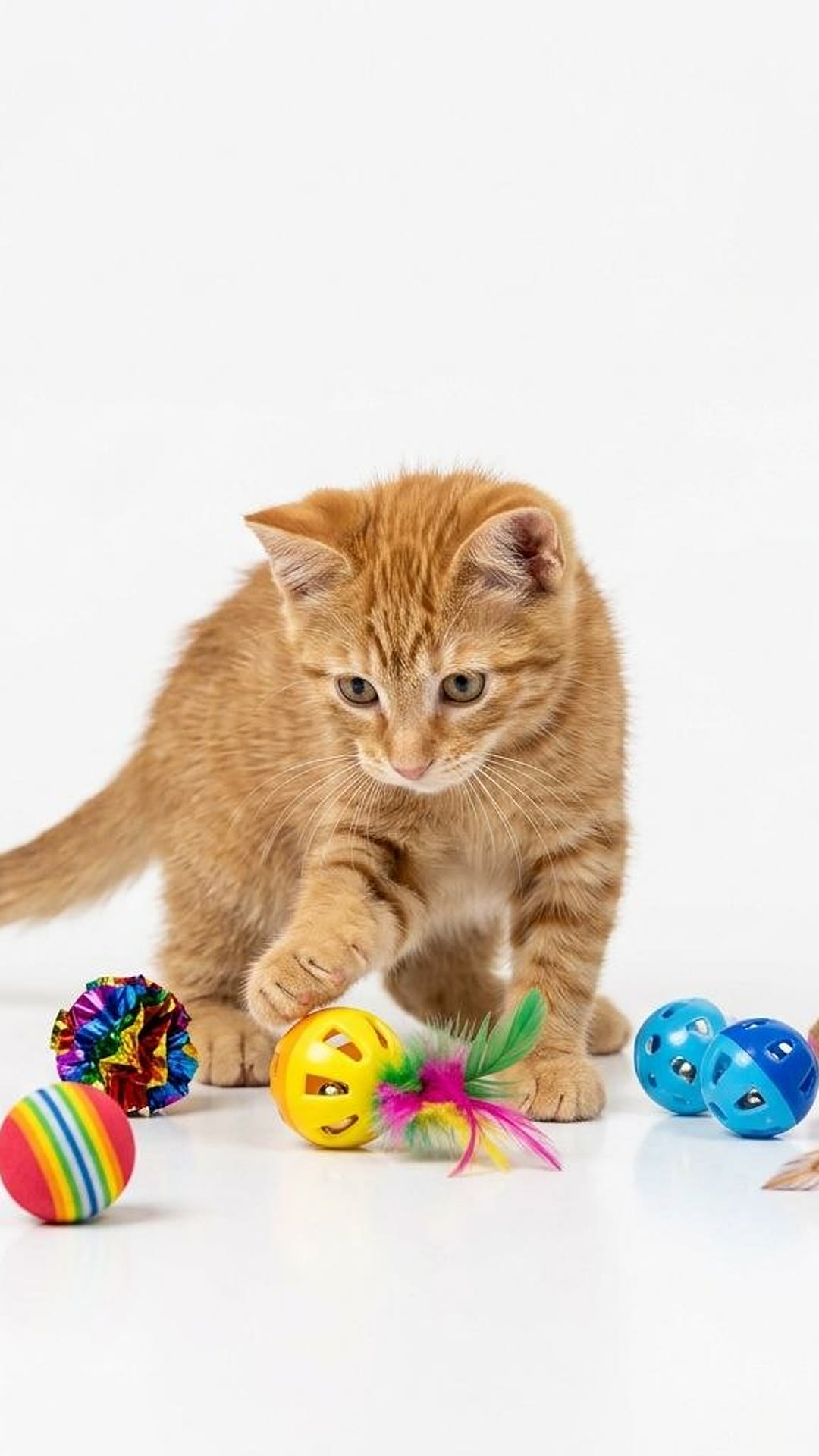 Commercial vertical lifestyle photo of kitten with cat toys