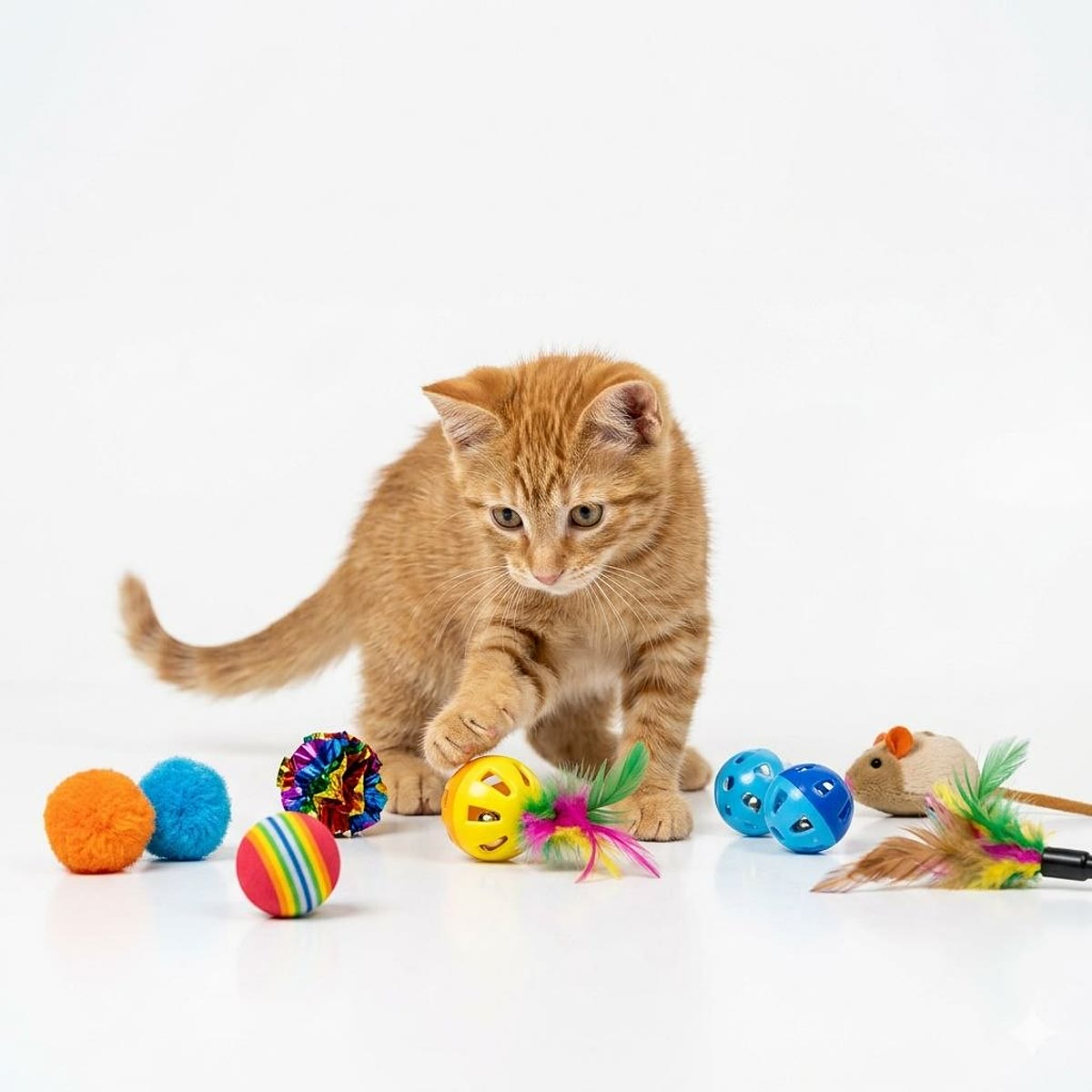 Commercial lifestyle photo of kitten with cat toys