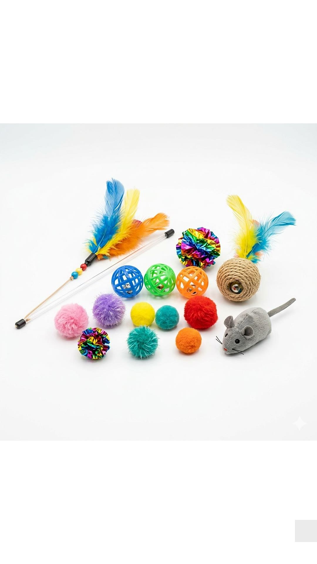 vertical product-style photo of cat toy bundle and puzzle-like toys