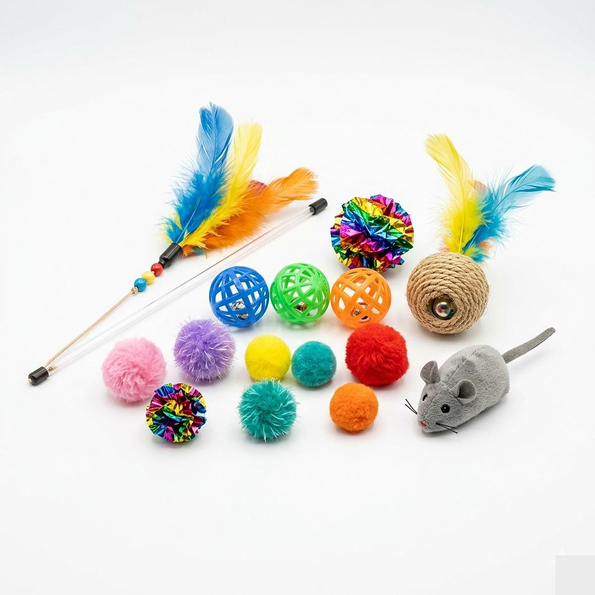 Commercial photo of colorful cat toy bundle product arrangement